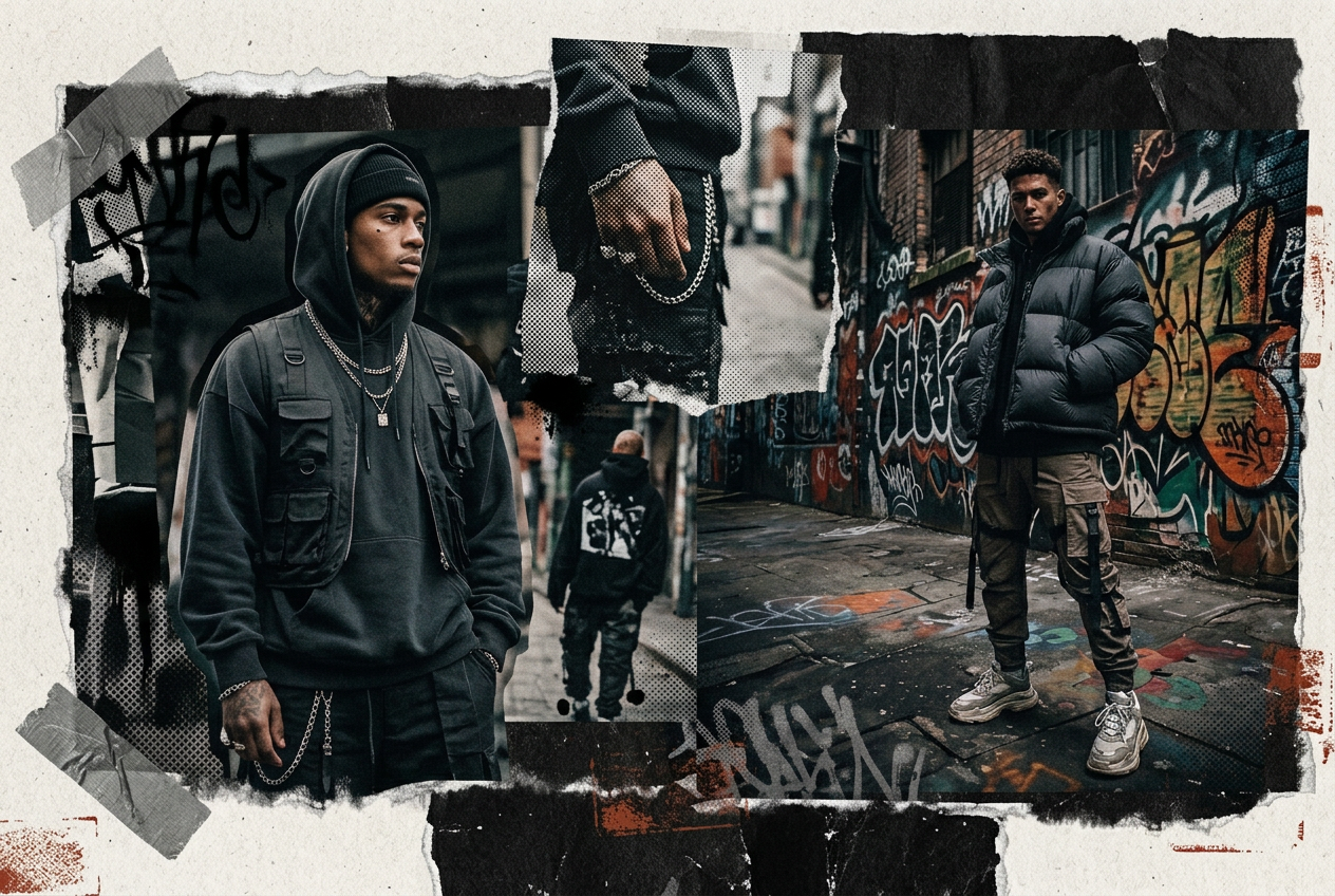 Streetwear-collage med graffiti og revet papir